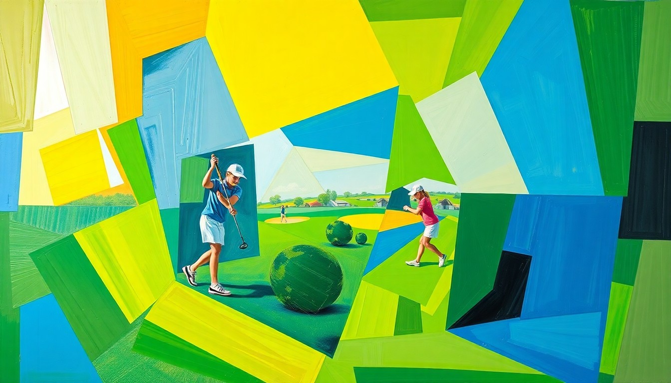 A cubist, geometric painting in vibrant colors depicting a girls golf tournament, with overlapping planes and shapes representing the dynamic action of the competition.