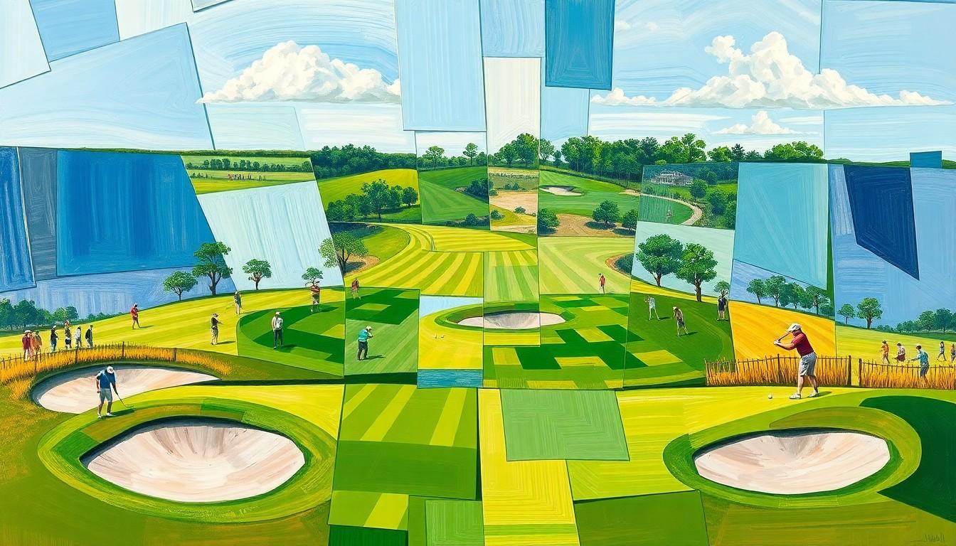 A cubist, geometric painting depicting a high school golf tournament, with overlapping planes of green fairways, sand traps, and golfers in motion, capturing the dynamic energy of the competition.