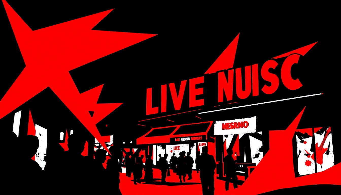 An abstract composition of sharp, angular black shapes against a bright red background, conveying the dynamic energy of a live music district.