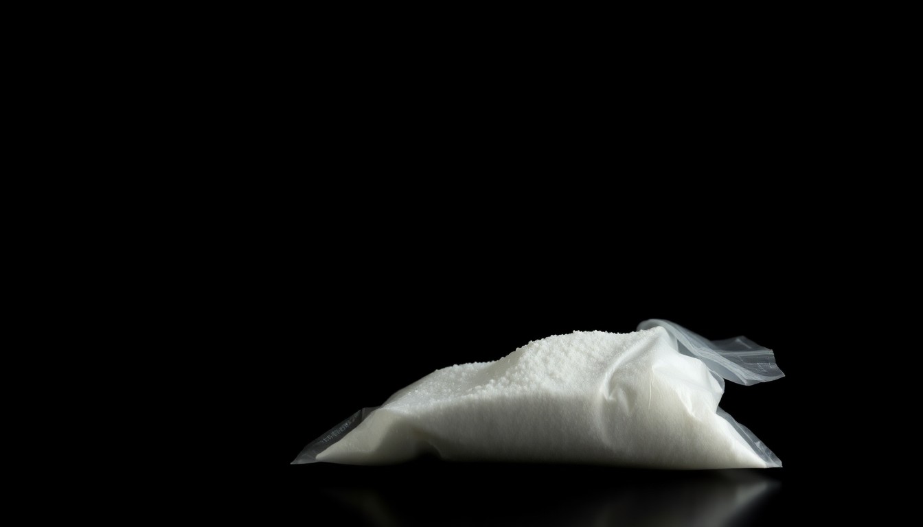 An extreme close-up of a small plastic bag containing a white powdery substance, reflecting the harsh lighting and dramatic shadows of a direct camera flash, conceptually illustrating the investigative nature of a drug-related search warrant.