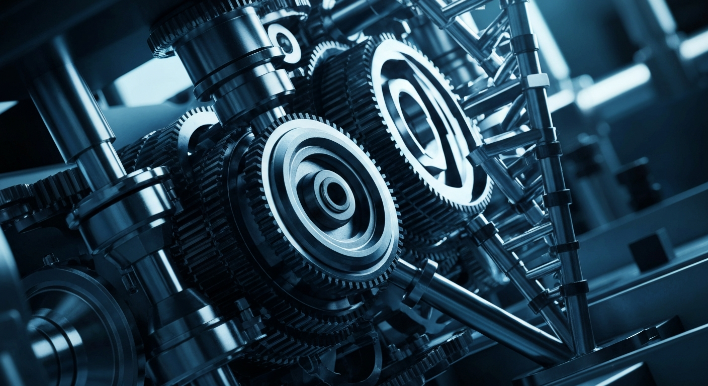 An extreme close-up of the intricately machined components and gears of an industrial DNA synthesis machine, conveying the advanced technology and manufacturing capabilities that power Twist Bioscience's operations.