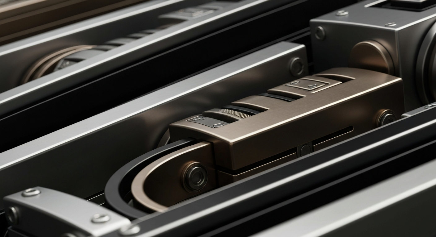 A highly detailed, cinematic close-up image of heavy, industrial banking machinery and mechanisms in shades of steel grey, bronze, and black, representing the secure, institutional nature of Moody's financial services.