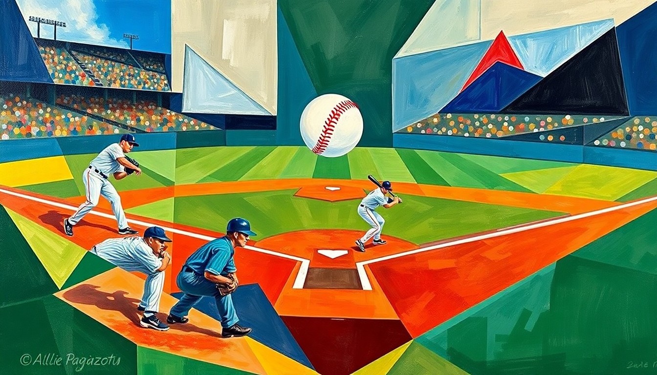 A cubist-style painting featuring overlapping geometric shapes and planes in bright colors, representing a baseball game with a pitcher, batter, and home run ball in motion.