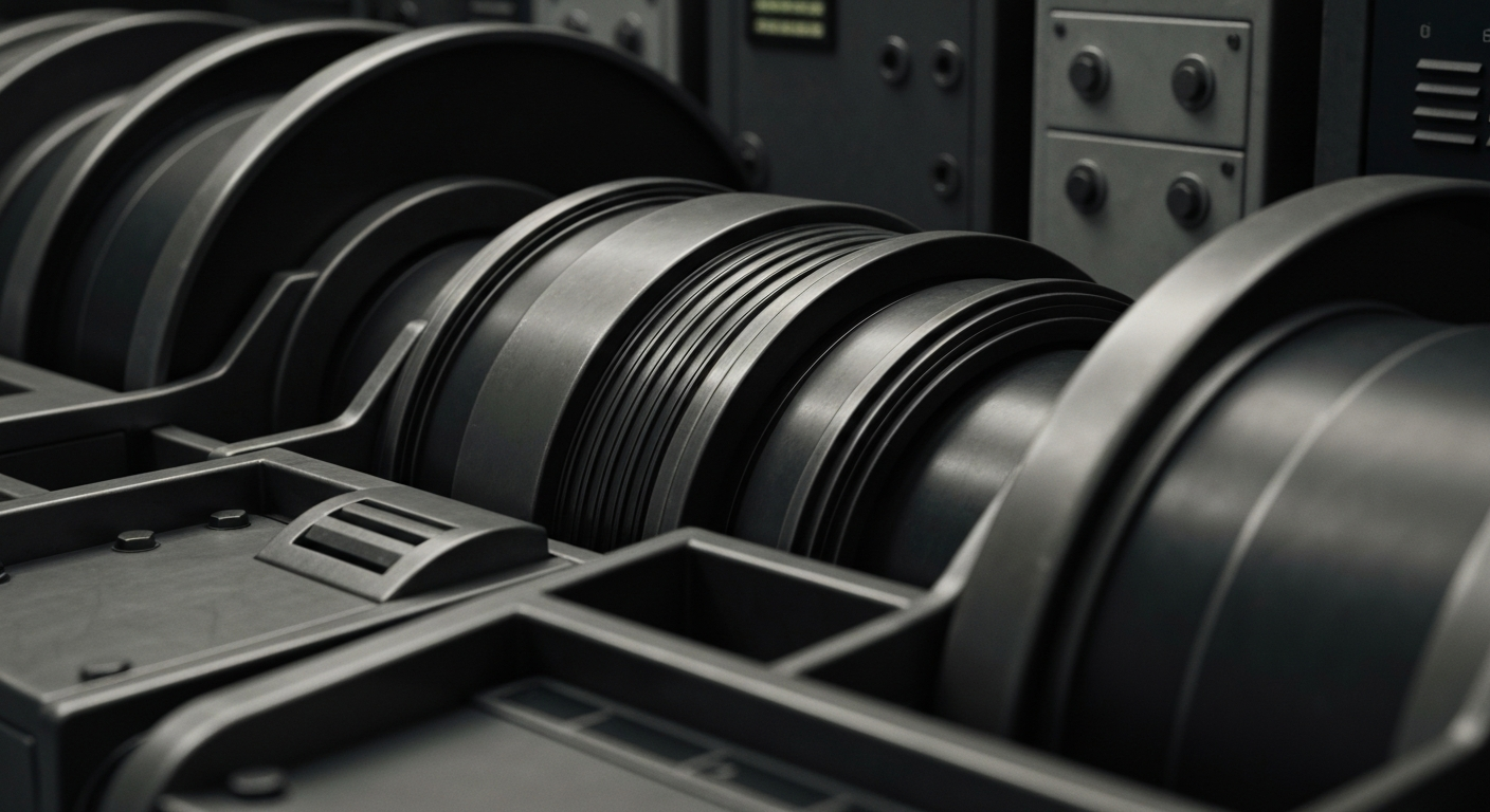 An extreme close-up of industrial banking equipment and machinery, conveying a sense of institutional financial power and security without using any text or identifiable objects.