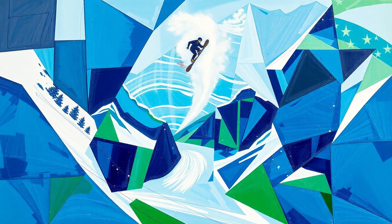 A cubist, geometric painting depicting a snowboarding competition, with overlapping planes of color and movement, capturing the energy and diversity of the event.