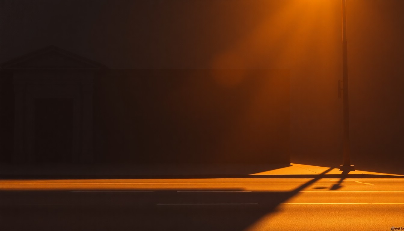 A serene, photorealistic painting of a government building or municipal office, with warm sunlight casting long shadows across the facade and creating a contemplative, nostalgic mood.