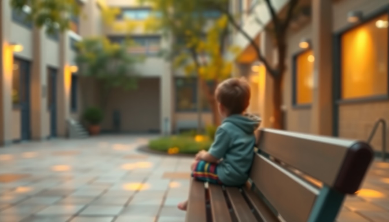 An abstract, impressionistic scene of a solitary child sitting on a bench, with the image blurred and washed in warm, soft colors, conveying a sense of isolation and the emotional impact of academic decisions.