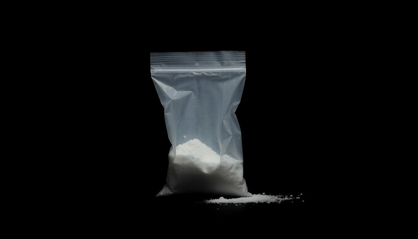 An extreme close-up photograph of a small plastic bag containing white powder, lit by a harsh, direct camera flash against a pitch-black background, creating a stark, gritty, investigative aesthetic.