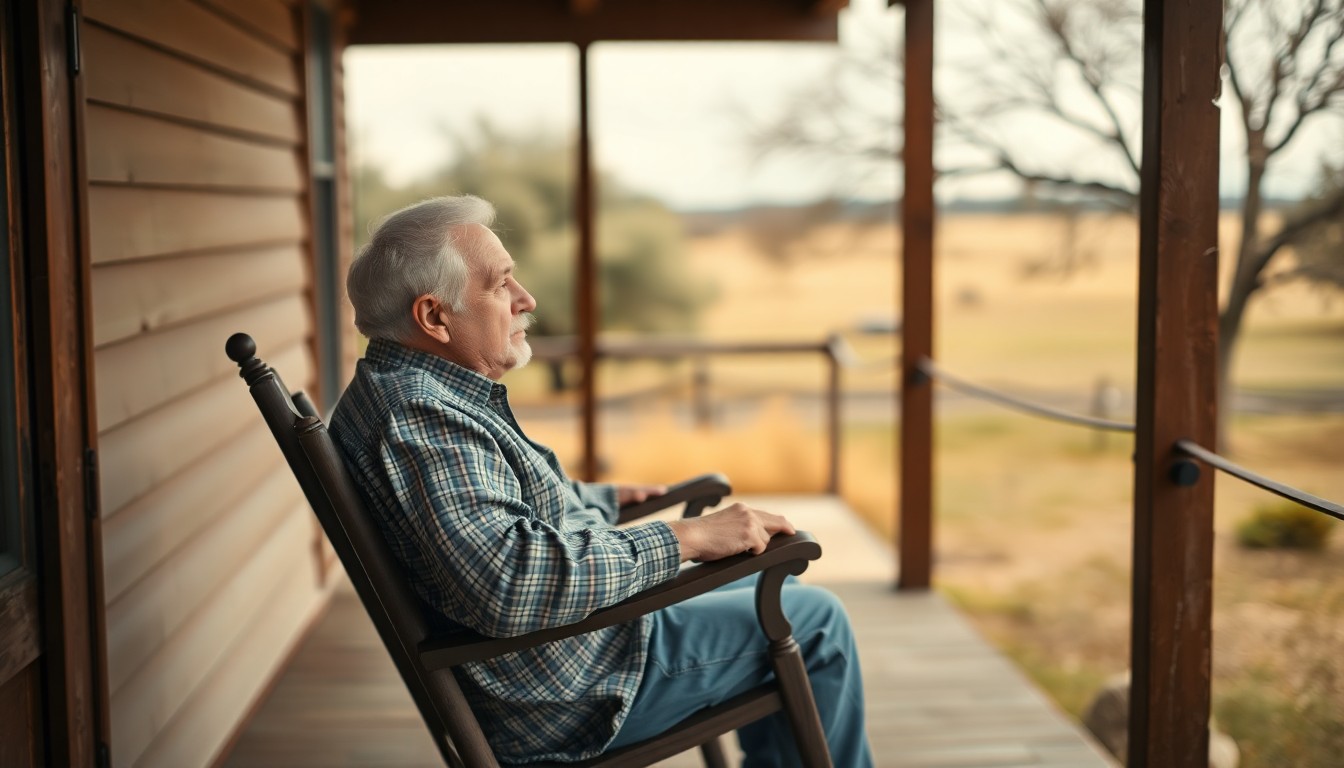A softly blurred, impressionistic photograph depicting an elderly man sitting in a rocking chair on a porch, surrounded by the natural beauty of the Texas countryside, conveying a sense of tranquility and connection to the land.