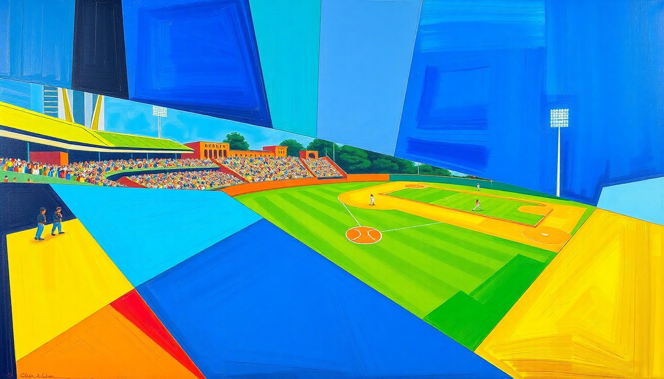 A fractured, multi-perspective painting featuring overlapping geometric shapes and planes in vibrant colors, conceptually representing the key moments and energy of a softball game.