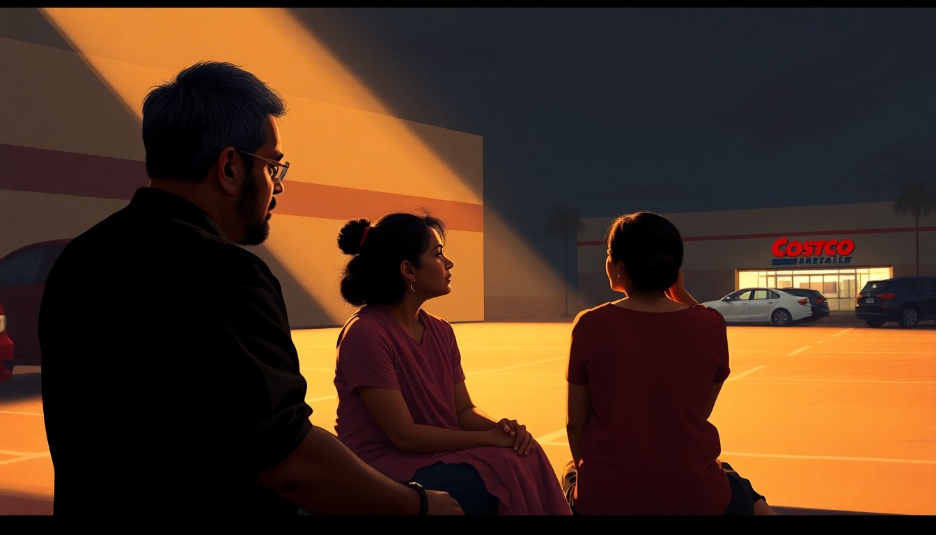 A realistic oil painting depicting an Indian-American family sitting in a Costco parking lot, with warm sunlight and deep shadows creating a contemplative, cinematic atmosphere. The image conveys a sense of unease and isolation, reflecting the growing tensions faced by the community.