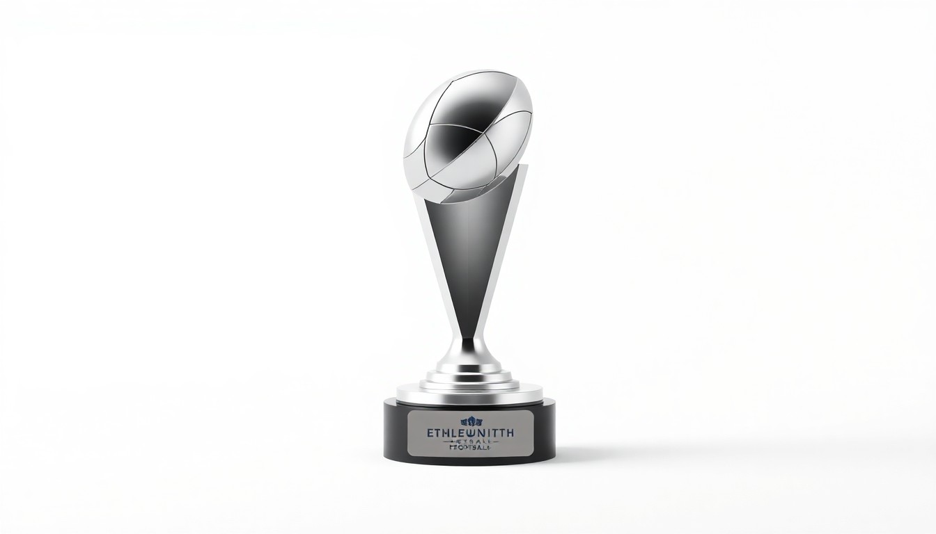 A high-end, photorealistic studio still-life photograph featuring a polished, geometric football trophy or award on a clean, monochromatic seamless background, conceptually representing the prestige and community significance of the newly named Emplify Health Field.