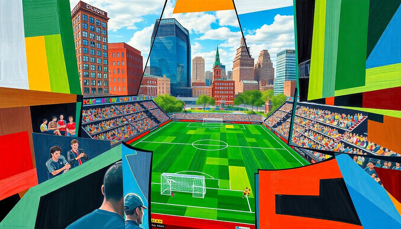 A fractured, cubist-style painting depicting the new mini soccer pitch at Dilworth Park in Philadelphia, with the surrounding cityscape broken down into sharp, overlapping geometric planes of color.