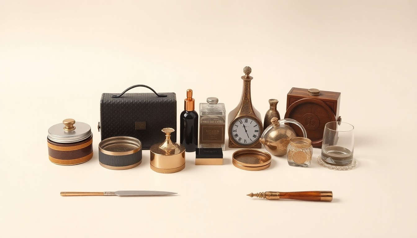 A high-end, photorealistic studio still-life photograph featuring a collection of premium, polished objects arranged elegantly on a clean, monochromatic background, representing the abstract concepts of economic revitalization, historic preservation, and community-driven entrepreneurship in Laredo, Texas.