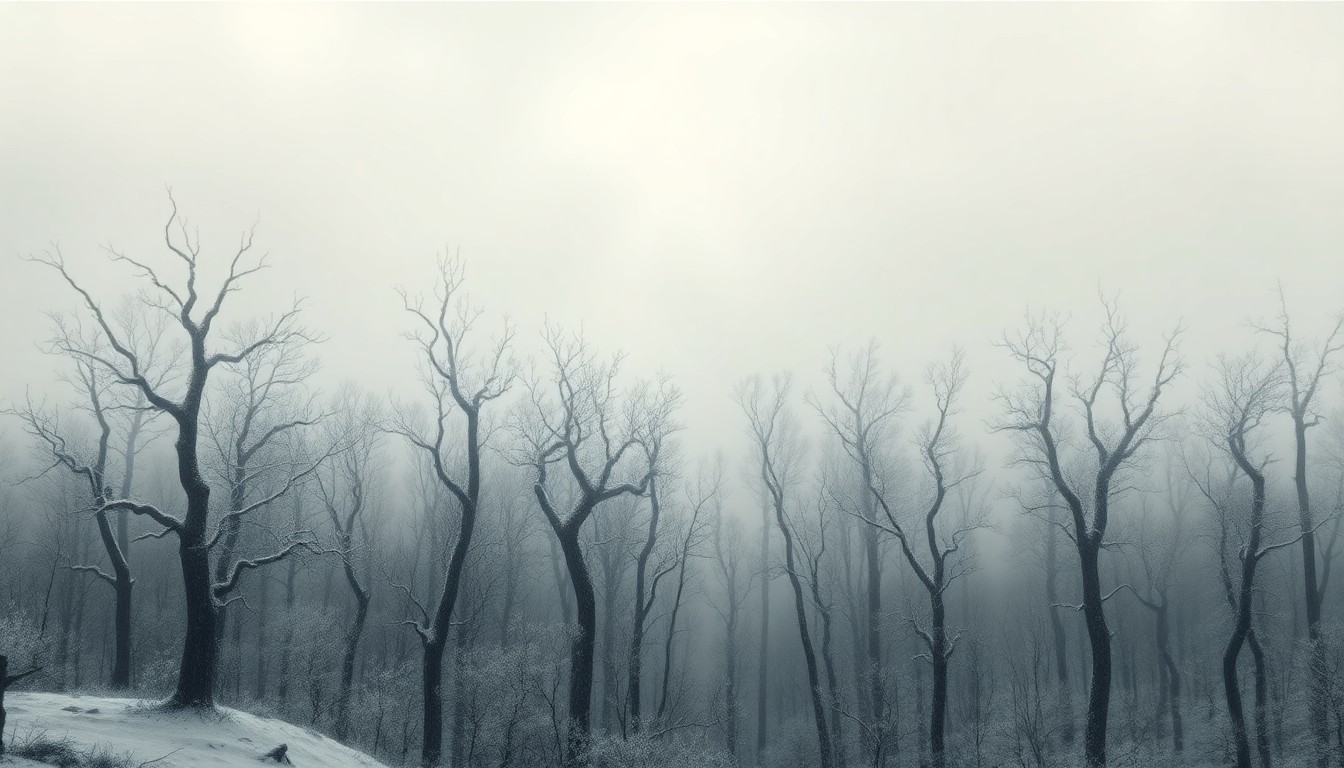 A frozen, snow-covered forest landscape in muted tones of gray and white, with bare tree branches reaching up through a heavy, ominous fog, conveying the overwhelming power of the approaching ice storm.