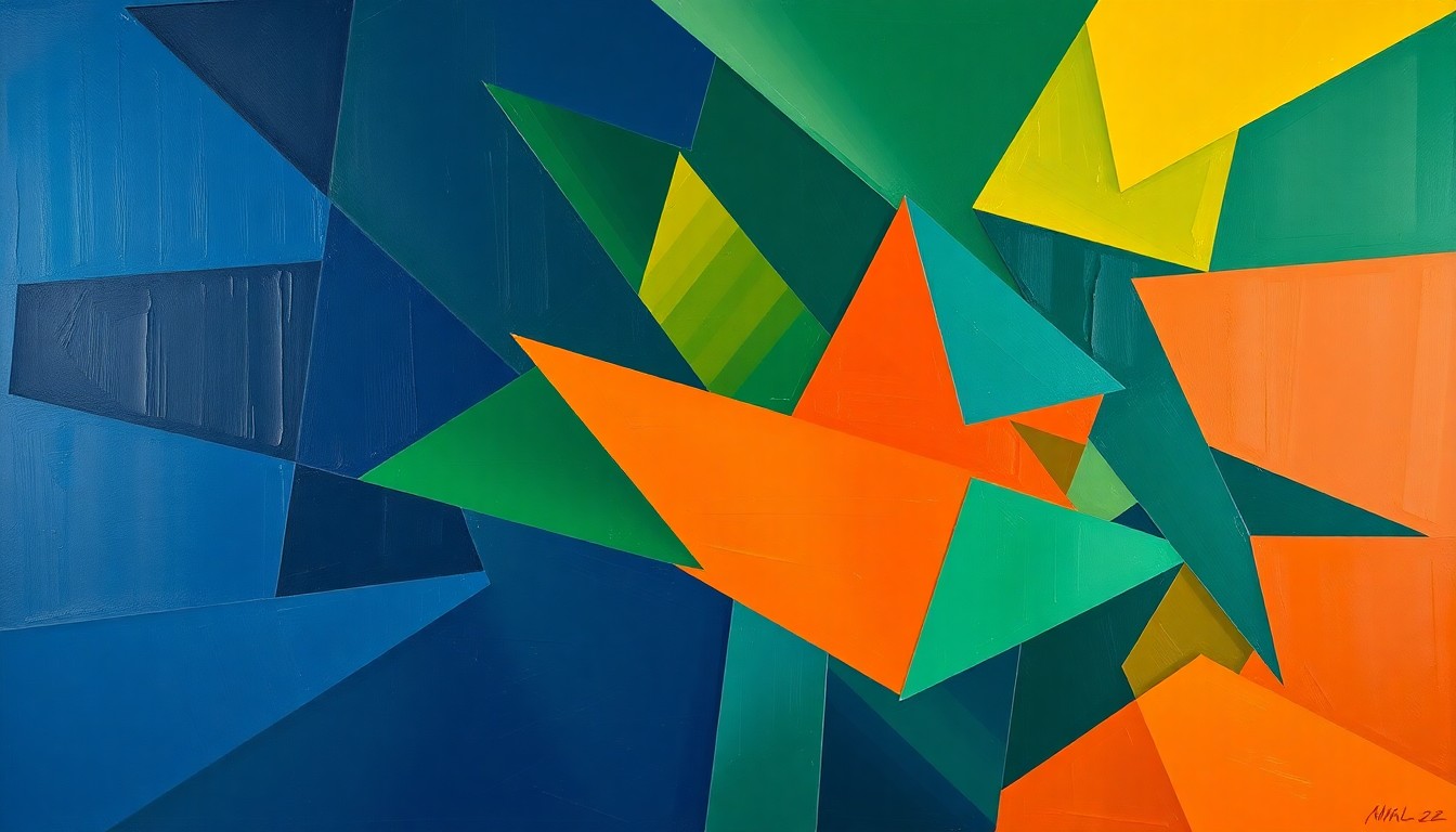 A cubist-style painting featuring fragmented geometric shapes in navy, green, and orange hues, conceptually representing the high-stakes gambles of NFL free agency signings.