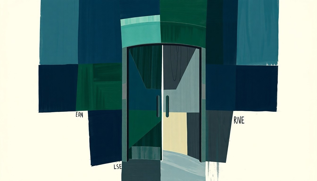 A dynamic, fragmented painting with overlapping geometric shapes in navy, green, and gray, conveying the complex interplay of media, politics, and influence.