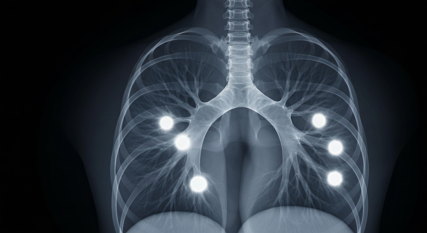 A ghostly, translucent X-ray image showing the faint outlines of tuberculosis lesions in a human lung, conveying the clinical and investigative nature of this public health crisis.