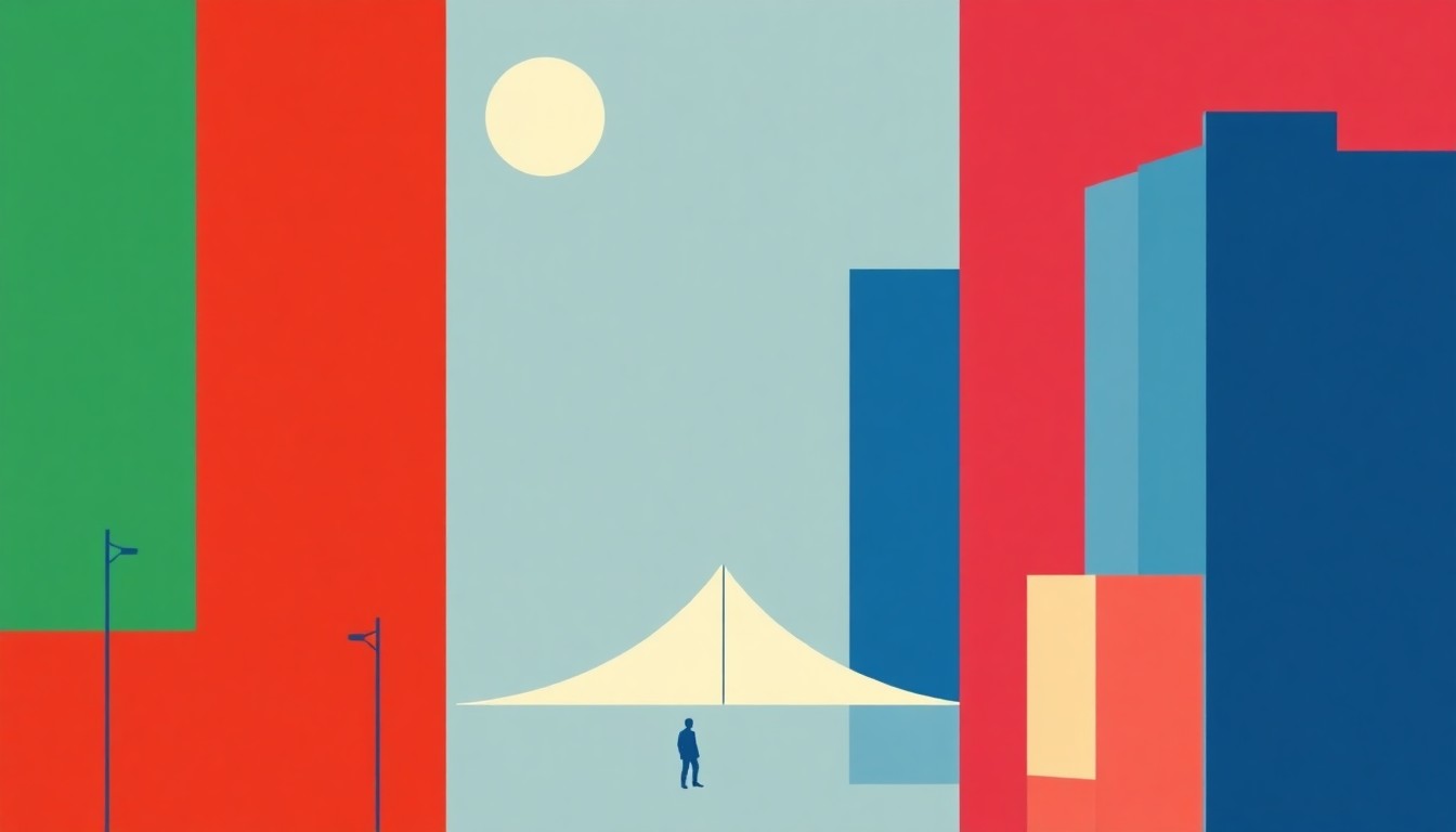 A minimalist abstract illustration using bold geometric shapes and primary colors to conceptually represent the economic concept of rising unemployment in San Francisco, without any literal depictions of money, jobs, or technology.
