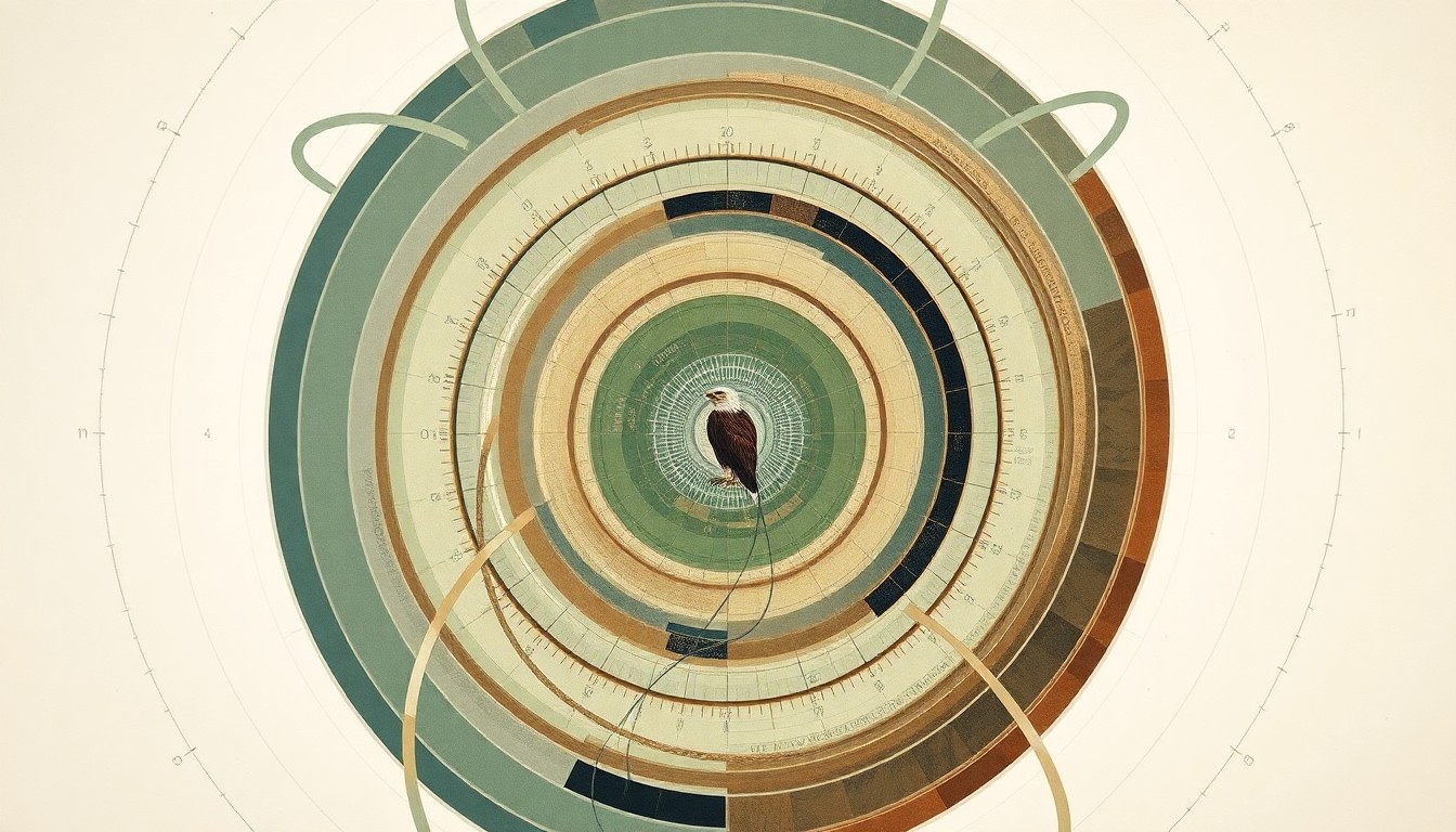 A bold, abstract painting in muted earth tones depicting sweeping geometric arcs, concentric circular patterns, and precise organic spirals, conceptually representing the complex biological forces and natural cycles involved in a bald eagle egg hatching.