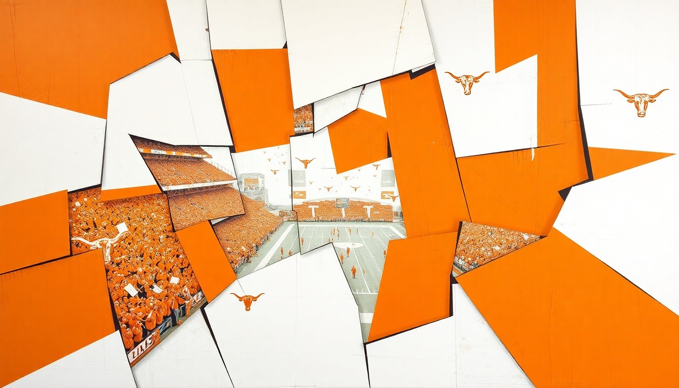 A cubist, geometric painting depicting a Texas Longhorns football game, with sharp, overlapping planes in vibrant shades of burnt orange and white, capturing the energy and intensity of the sport.