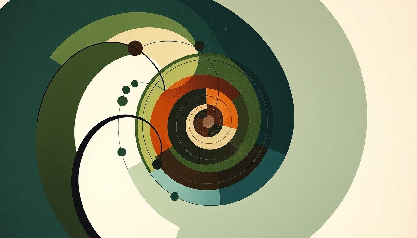 A bold, abstract painting in earthy tones featuring sweeping geometric shapes and precise botanical spirals, conceptually representing the interconnected web of native California plant species and the complex scientific forces that sustain them.