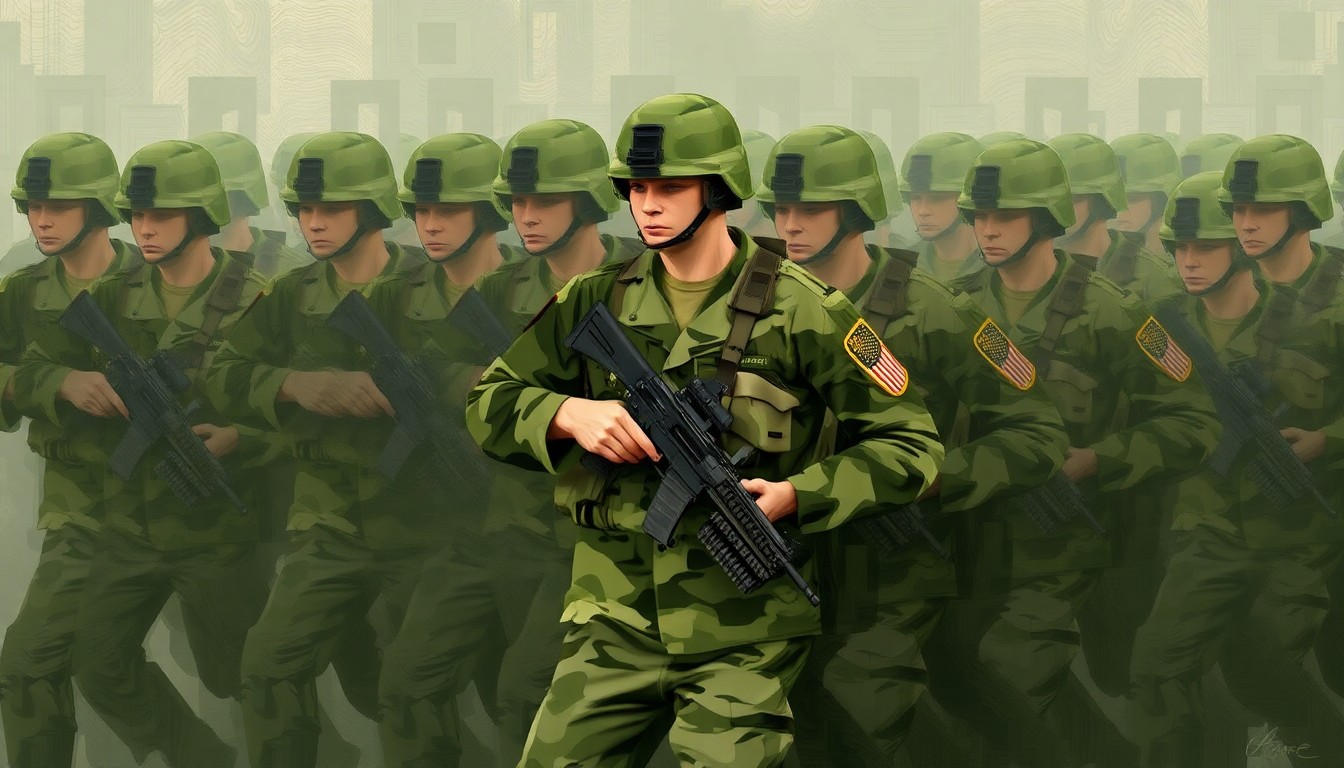 A dynamic, abstract painting depicting a Minnesota National Guard soldier in motion, their uniform and equipment fractured and repeated in overlapping geometric shapes, conveying a sense of urgency and the financial impact of the deployment.