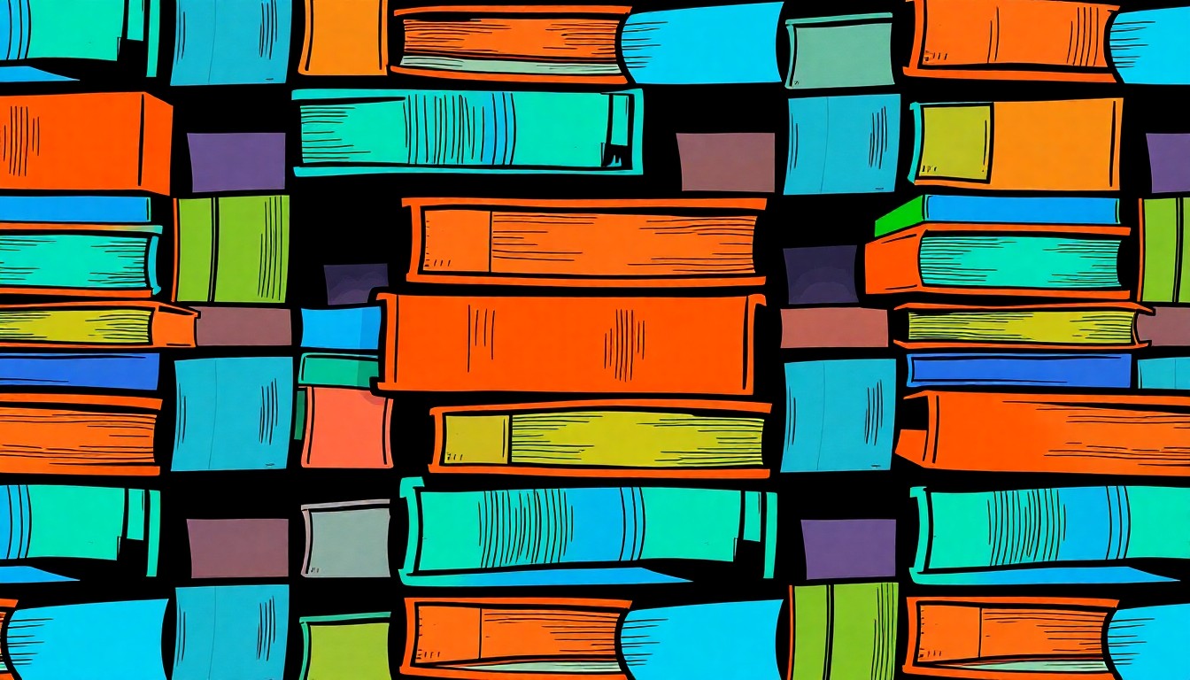 A bold, pop art-inspired illustration featuring a repeating grid of colorful, stylized textbooks, representing the importance of school funding measures for educational resources and infrastructure.