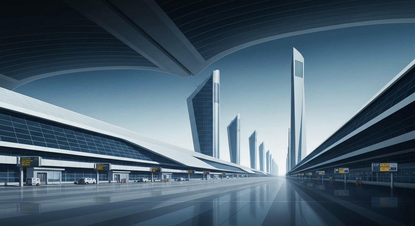 A highly stylized, geometric illustration depicting the sweeping, monumental architecture of a modern airport terminal, rendered in a bold, Art Deco-inspired visual style using smooth gradients of blue, grey, and silver tones to capture the grand scale and streamlined forms of the airport.