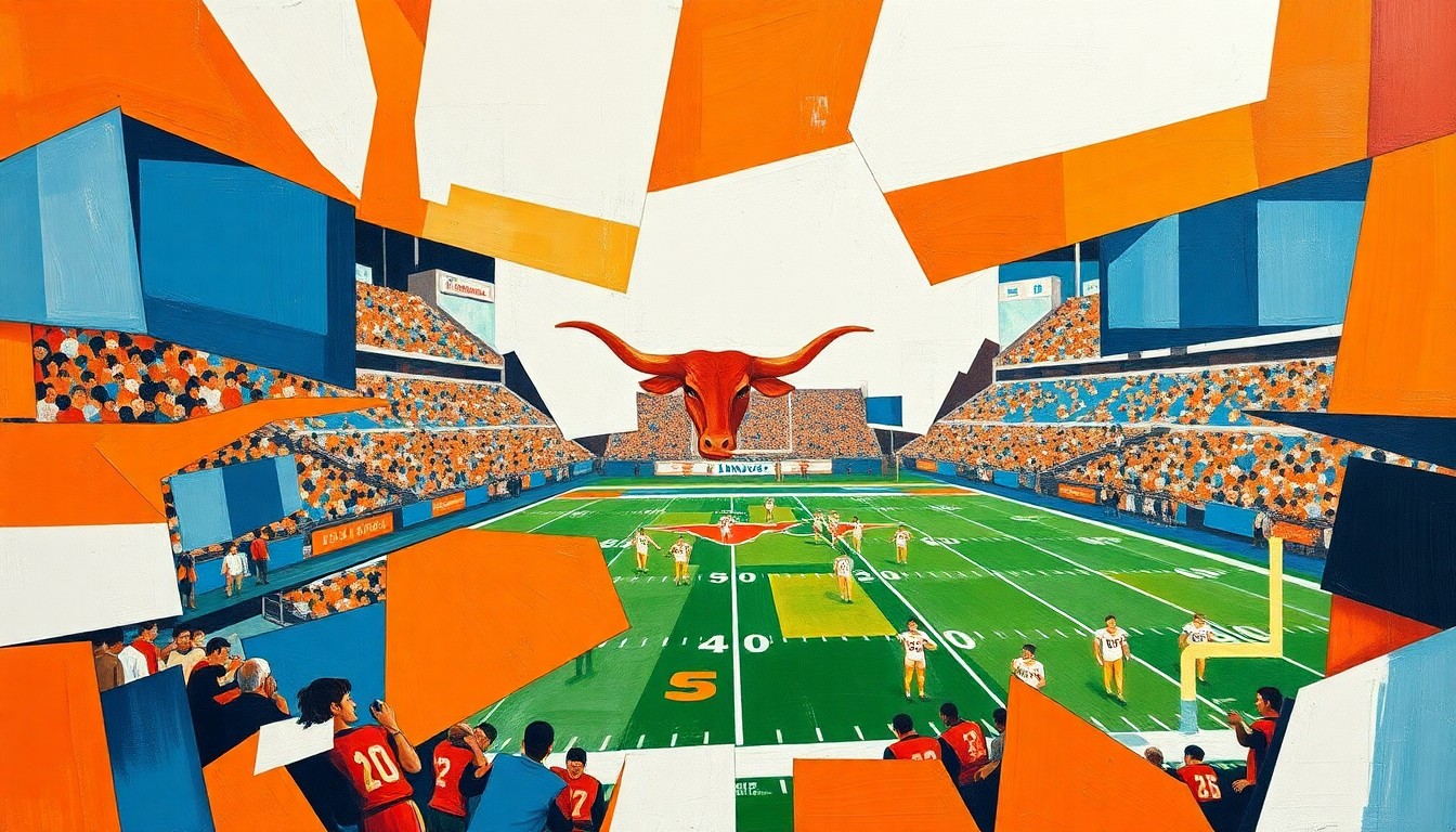A fractured, cubist-style painting depicting overlapping geometric shapes and planes in the colors of the Texas Longhorns, representing the dynamic energy and potential of the team's receiving corps.