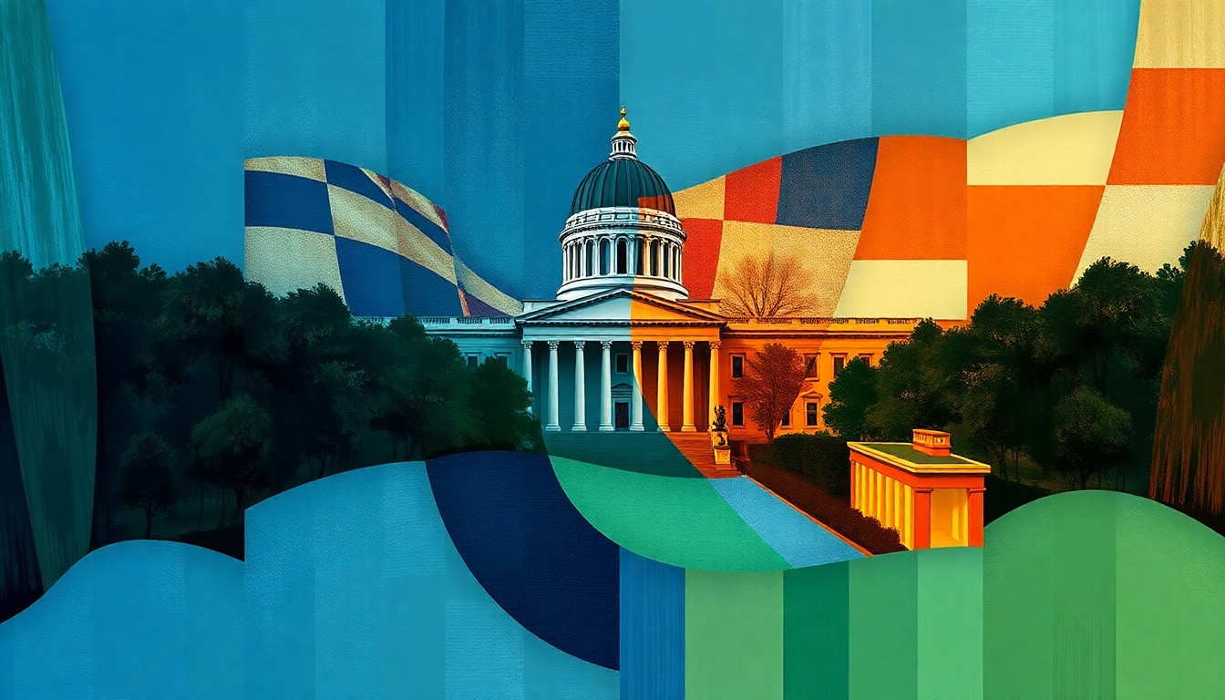 A vibrant, fractured painting depicting a government building or office in overlapping geometric shapes and waves of deep blue, forest green, and burnt orange, conceptually representing the legislative debate over worker rights in Maryland.