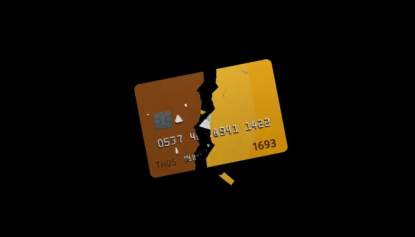 An extreme close-up photograph of a shredded credit card, the harsh lighting and dark background creating a gritty, investigative aesthetic to conceptually represent the financial crimes at the heart of this story.