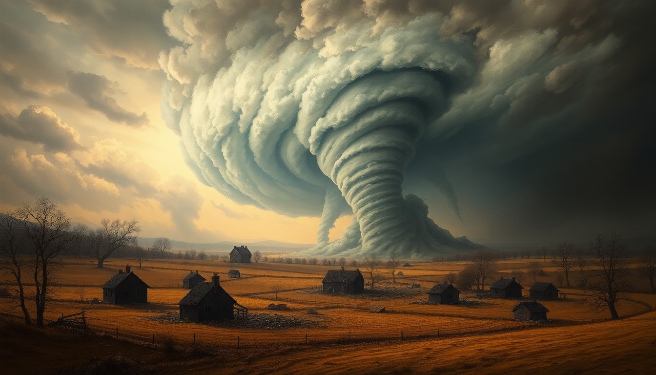 A vast, atmospheric landscape painting in muted earth tones, depicting a tornado-ravaged rural scene with a swirling vortex of clouds and debris dwarfing the damaged homes and structures below.