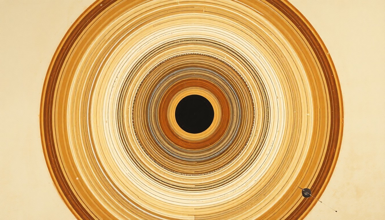 A highly structured abstract painting in soft, earthy tones, featuring sweeping geometric arcs, concentric planetary circles, and precise spiraling waveforms, conceptually representing the complex solar radiation environment surrounding the Artemis 2 spacecraft.