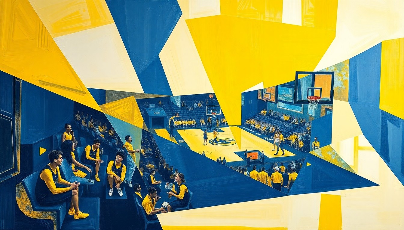 A fractured, cubist-style painting depicting a college basketball game, with the players and court broken down into sharp, overlapping geometric shapes in the team colors of maize and blue.