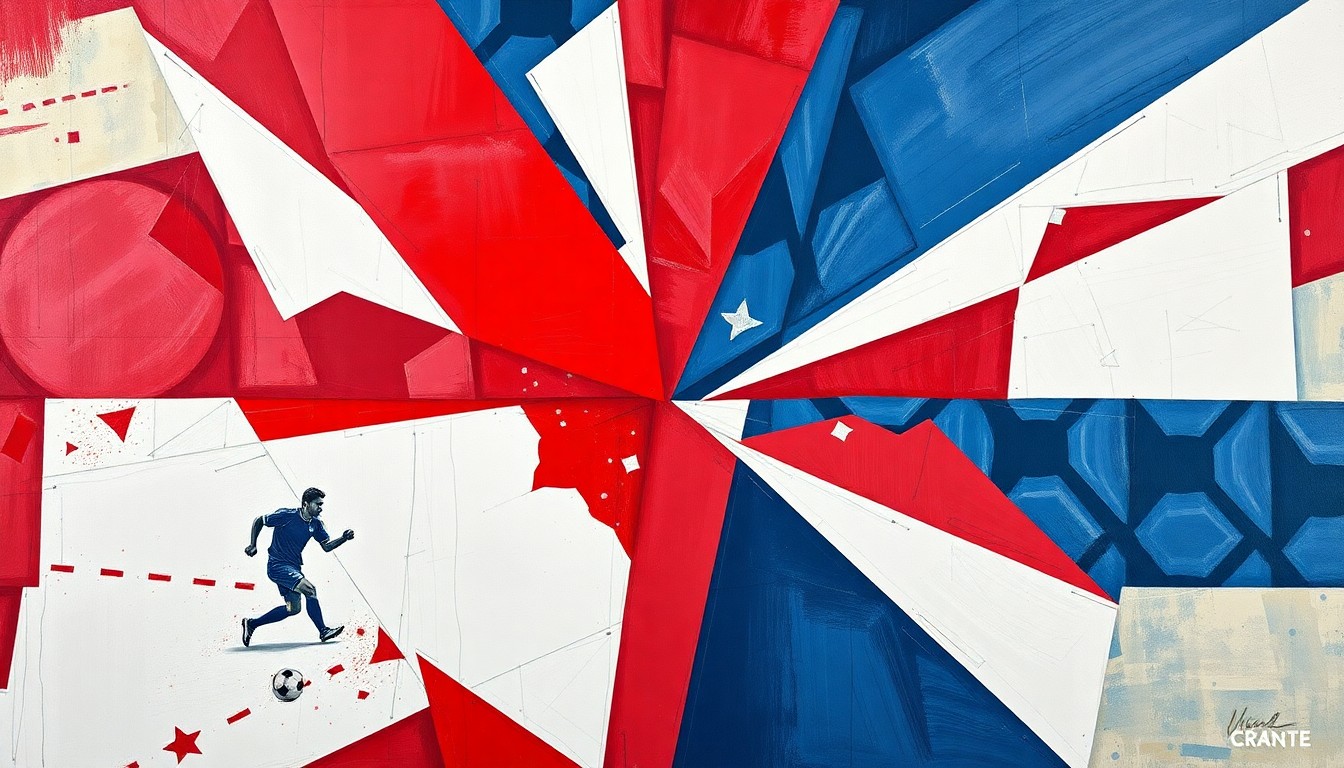 A cubist-style painting depicting a fragmented, multi-angled view of a soccer match, with the players and field broken down into sharp, overlapping geometric shapes in the colors of the American flag.