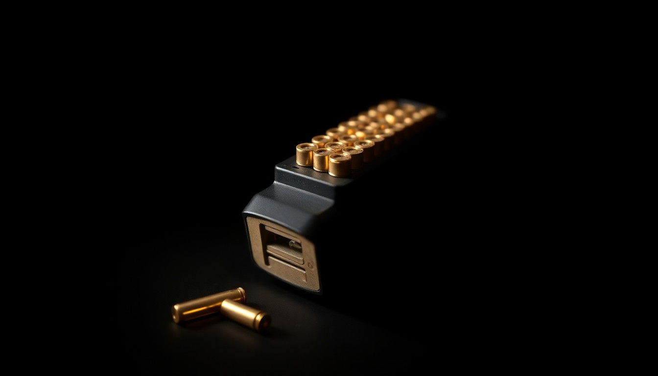 An extreme close-up of a handgun magazine loaded with ammunition, the metal and bullets sharply illuminated against a dark void, conceptually representing the seizure of firearms alongside a large quantity of methamphetamine.