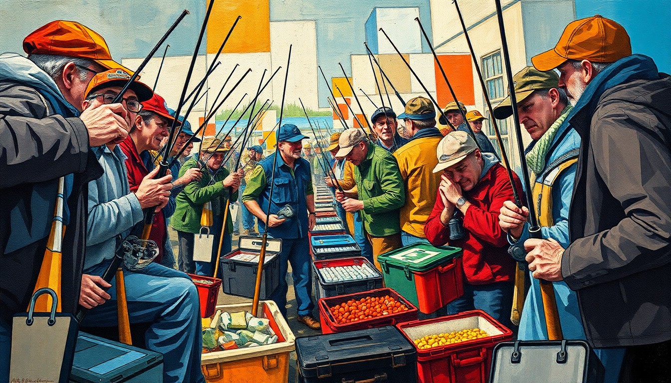 A cubist-style painting depicting the chaotic scene of anglers preparing for the trout season opener, with fragmented geometric shapes representing fishing rods, tackle boxes, and bait.