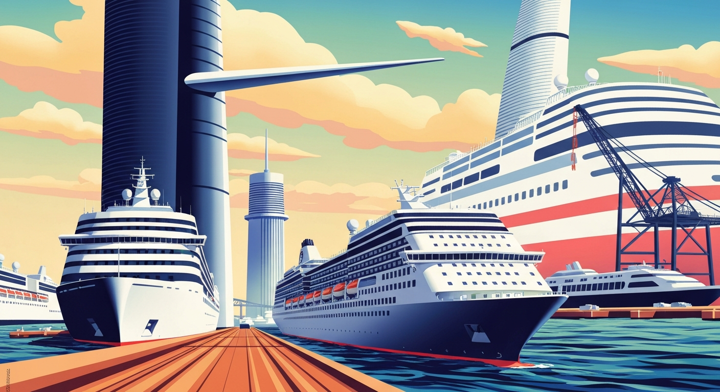 A bold, geometric illustration in the Art Deco style, depicting the grand scale and sweeping perspectives of the cruise industry, with towering cruise ships and port infrastructure rendered in smooth, airbrushed gradients.