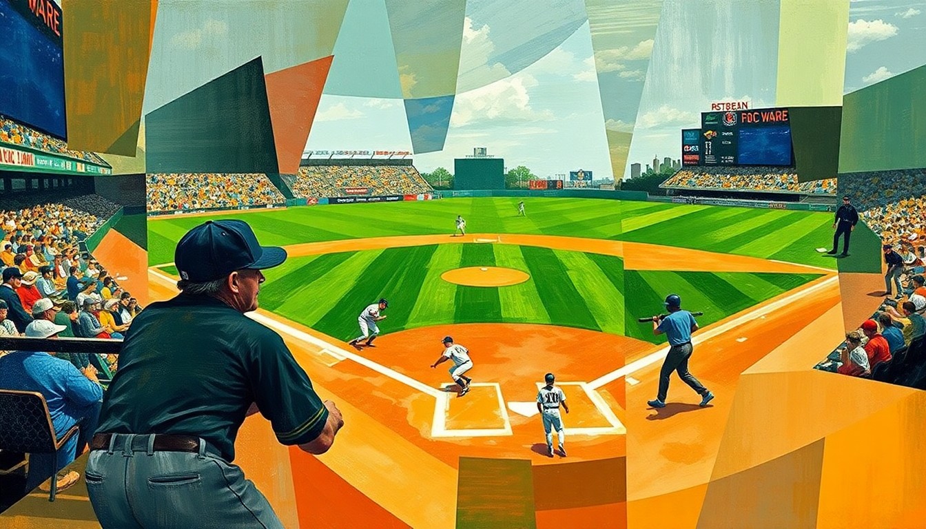 A fragmented, geometric painting depicting a baseball game or match, with the players and field reduced to abstract shapes and planes of color, capturing the raw energy and movement of the sport.
