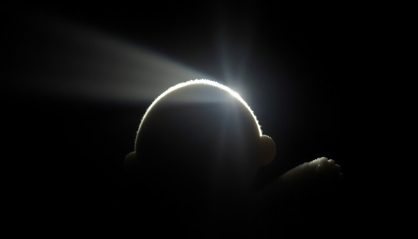 An extreme close-up photograph of a small, broken child's toy lit by a harsh, direct camera flash against a pitch-black background, conveying a somber, investigative mood without depicting any actual violence or victims.