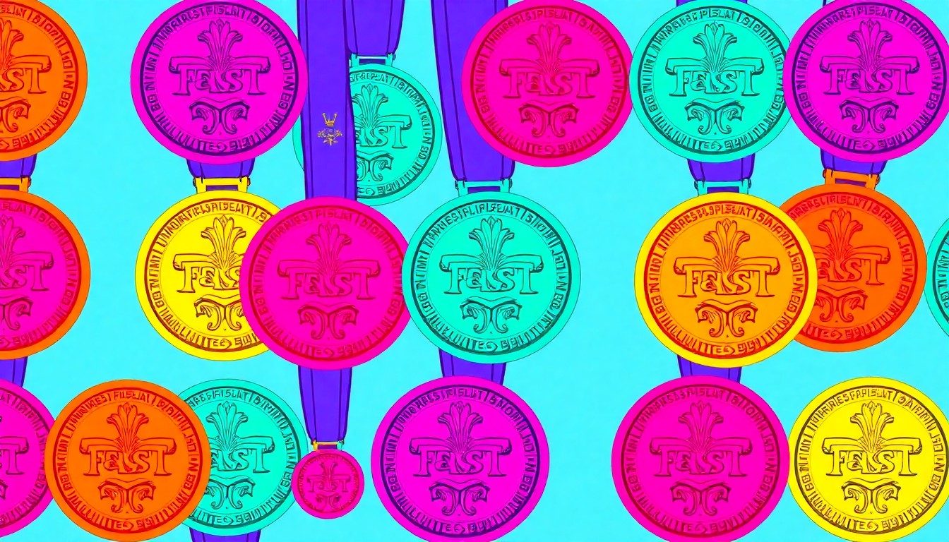 A grid of brightly colored, high-contrast silkscreen prints of a single, iconic Fiesta medal design, conceptually representing the energy and collectibility of the Fiesta medal tradition.