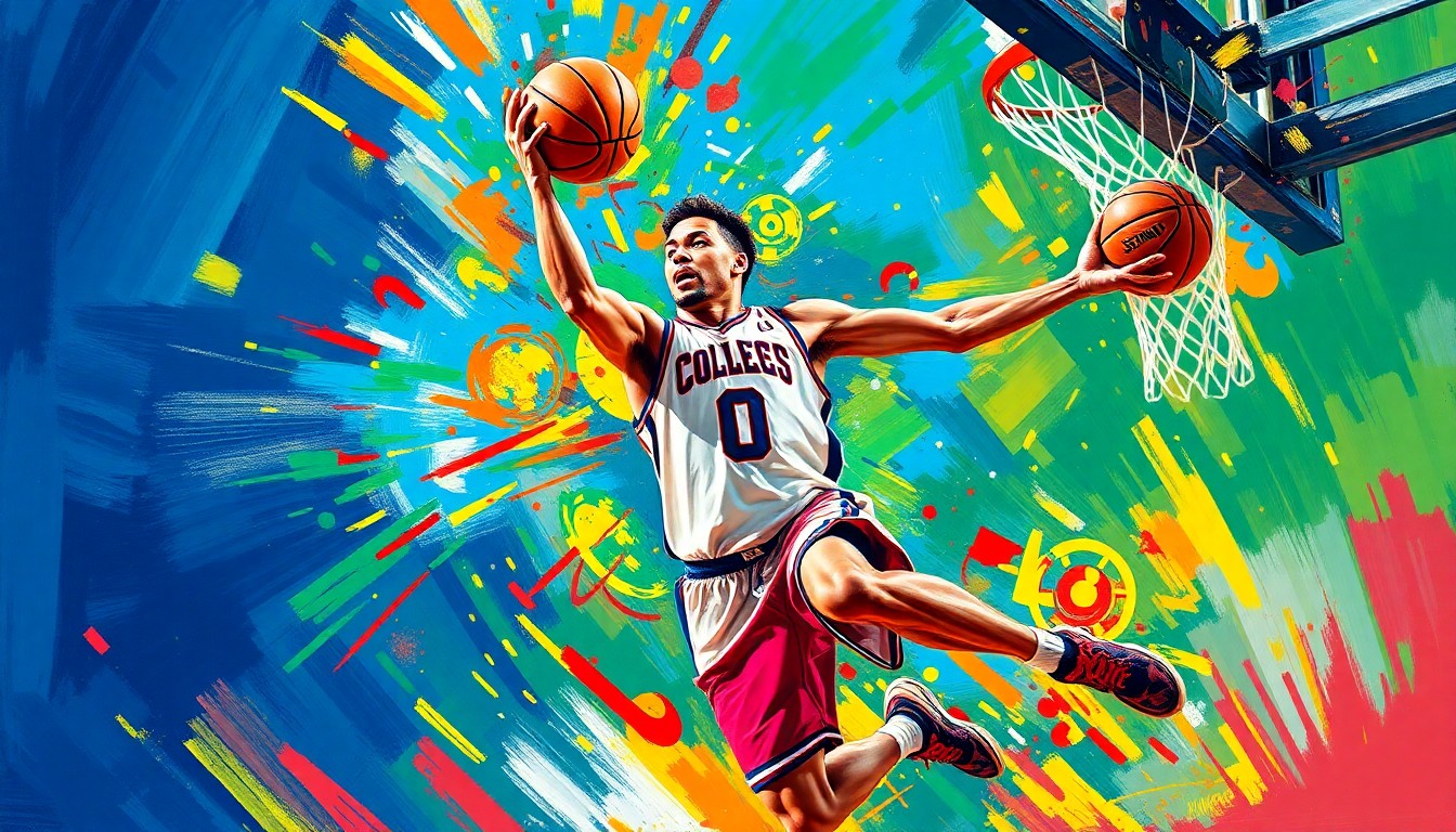 An abstract, expressionist painting featuring bold, neon-colored brushstrokes that capture the dynamic movements and energy of a college basketball player driving to the hoop.