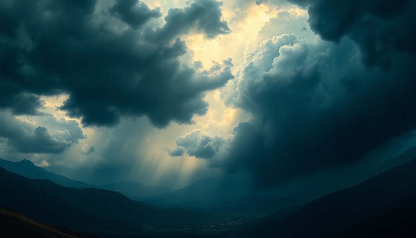 A sweeping, atmospheric landscape painting depicting a dramatic storm system with dark, ominous clouds and sheets of rain obscuring the horizon, conveying the overwhelming power of the natural forces at play.