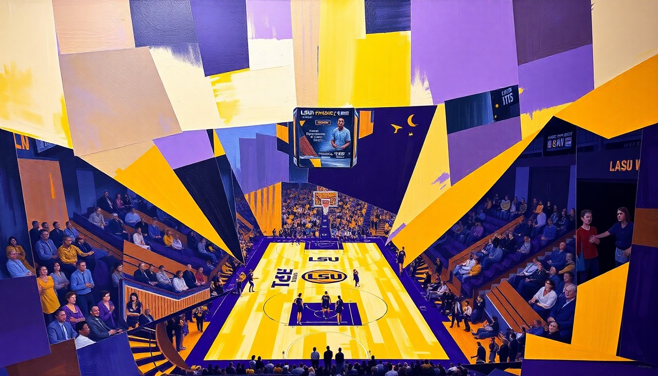 A fragmented, cubist-style painting depicting the dynamic action of a women's basketball game, with players and the court broken down into sharp, overlapping geometric shapes in LSU's signature purple and gold colors, conveying the energy and potential of the Tigers' roster for the upcoming season.