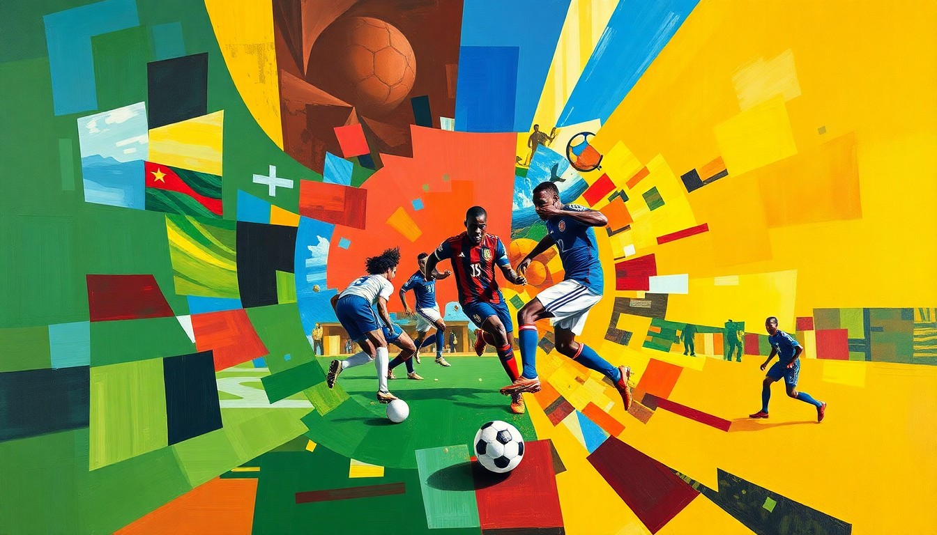 A cubist, geometric painting depicting a fragmented soccer match or competition, with sharp, overlapping planes of color representing the national teams and governing bodies involved in the dispute.