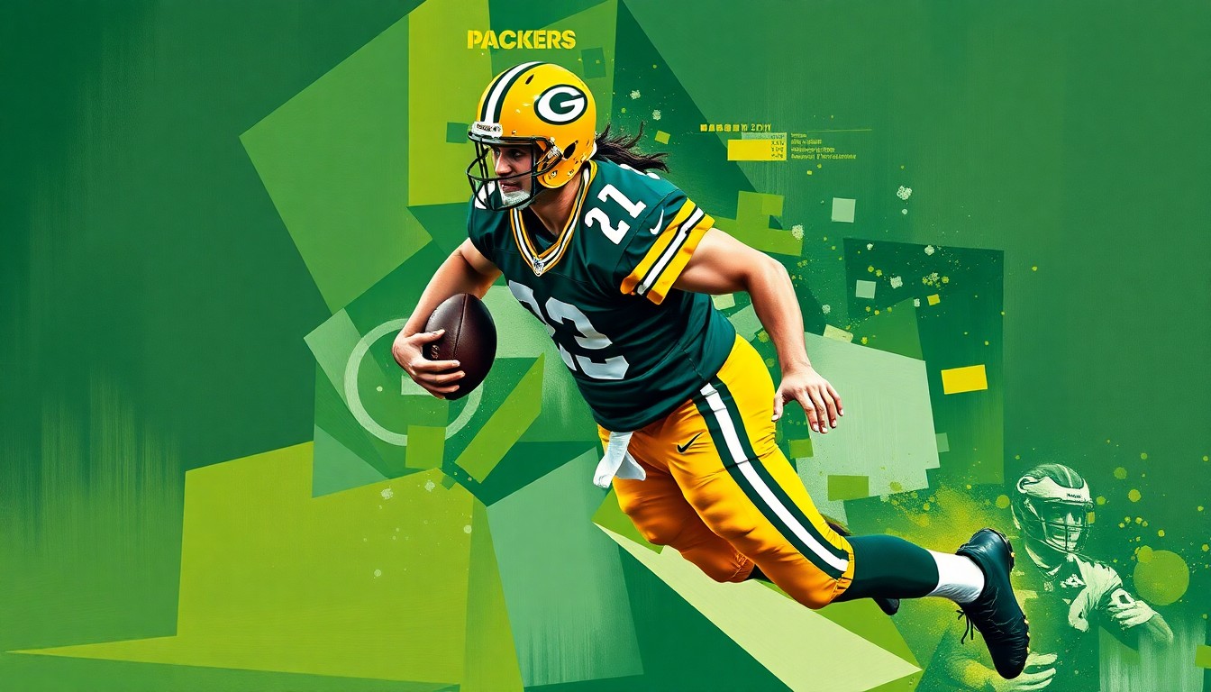 A fractured, geometric painting depicting a football player in motion, with sharp planes of green, gold, and navy blue representing the Green Bay Packers' colors and the abstract, deconstructed style.