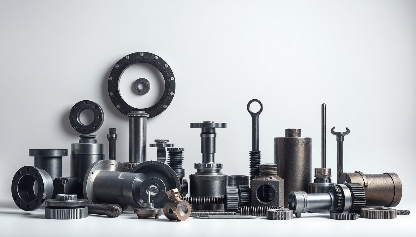 A photorealistic studio still-life featuring a collection of industrial machine parts and tools arranged elegantly on a clean, monochromatic background, conceptually representing the abstract ideas of manufacturing, industrial strategy, and economic transition.