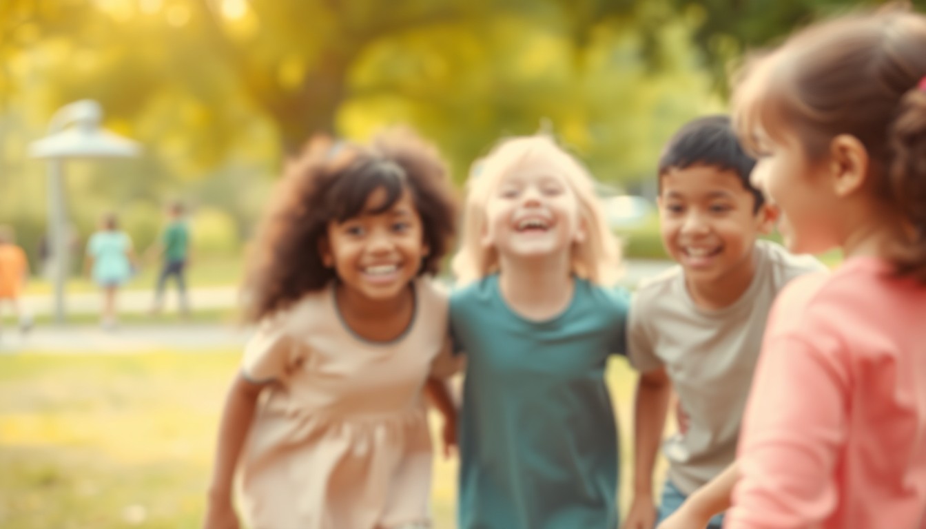 An extremely abstracted, out-of-focus photograph in warm, muted tones depicting a group of children playing and laughing together in a community setting, conceptually representing the Metro Action Commission's efforts to feed Nashville's youth over the summer.