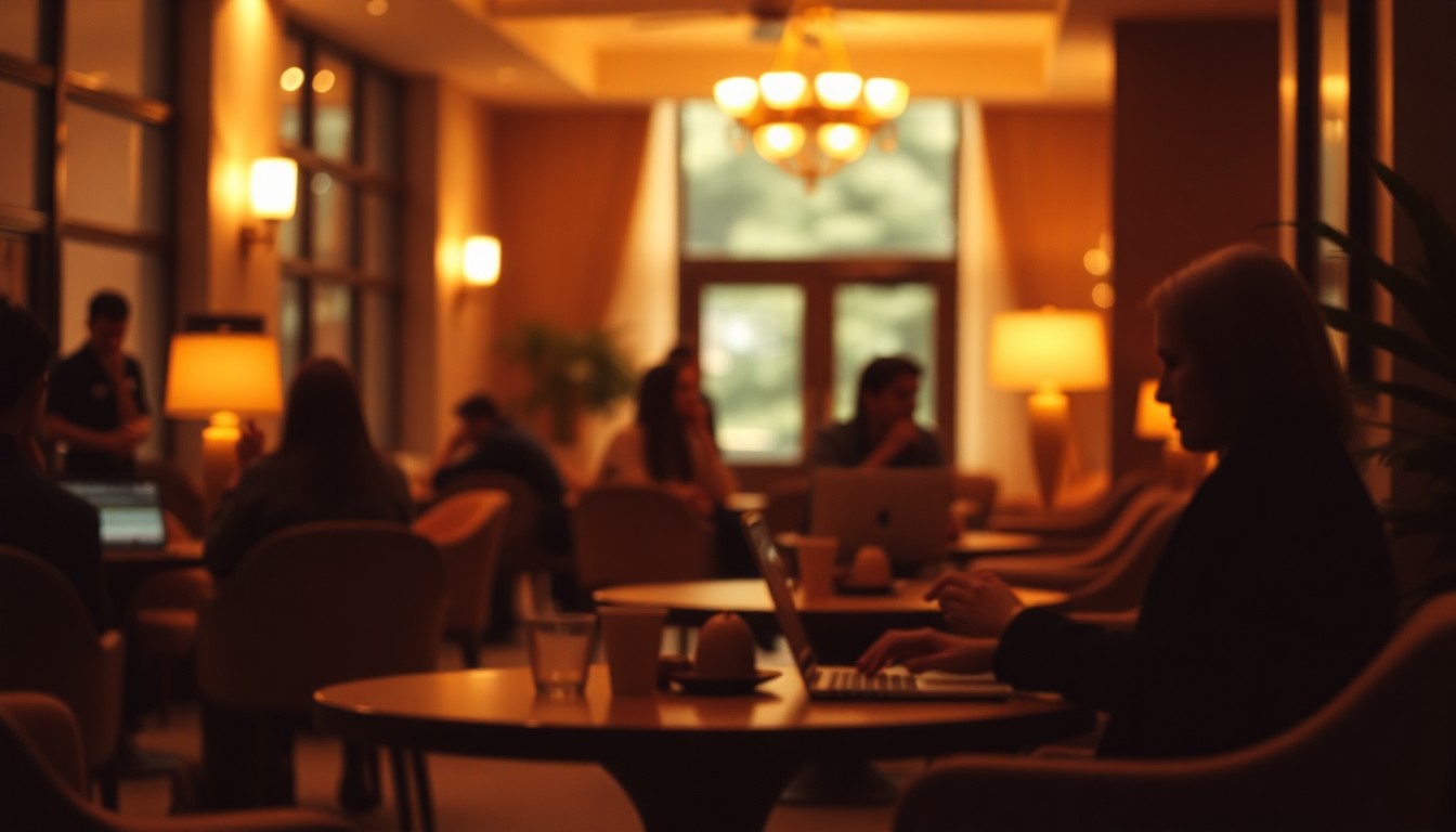 A hazy, out-of-focus photograph depicting the cozy, intimate atmosphere of a hotel lobby, with blurred silhouettes of people working on laptops and sipping coffee, conveying the comfortable and stylish environment that makes the Ace Hotel lobby an appealing remote work destination.